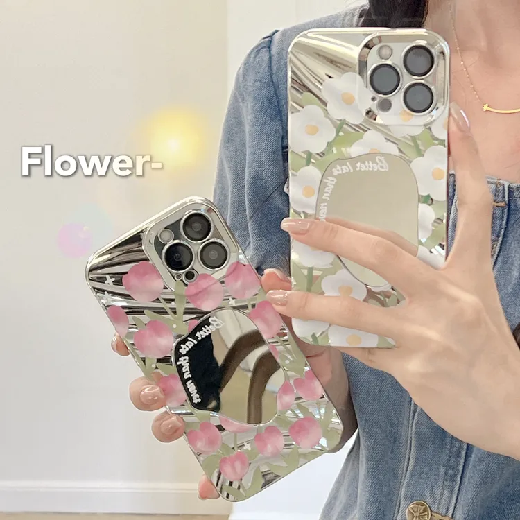 适用苹果华为系列iPhone14新款电镀手机壳ins风花朵波纹补妆镜13