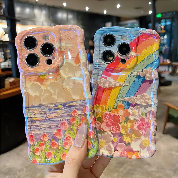 适用苹果系列iPhone15新款手机壳蓝光扭扭边创意油画彩虹日落防摔
