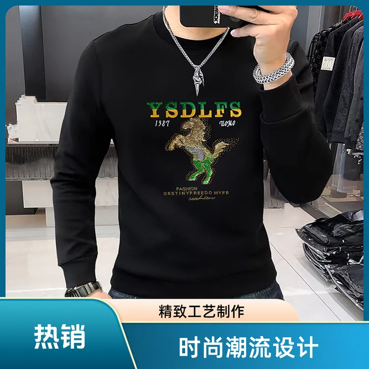 高档欧货新款男士长袖圆领卫衣重工艺烫钻刺绣亮片男装舒适保暖潮