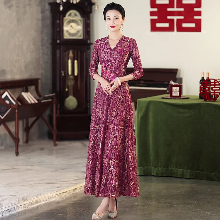 婚宴妈妈高贵长款婚庆显瘦A摆显气质喜婆婆宴会结婚礼服连衣裙7分