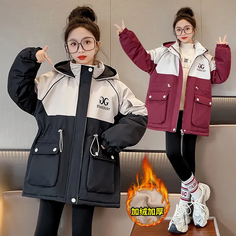女童棉服外套2025新款中大童冬装加绒加厚棉衣儿童中长款派克服潮