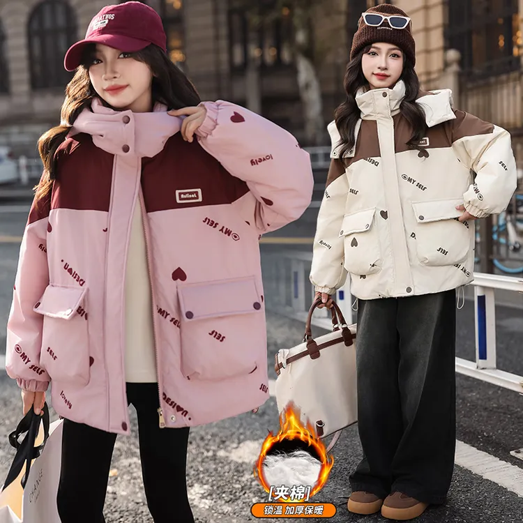 女童2025新款冬季韩版中长款加绒加厚中大童棉服女洋气连帽外套潮