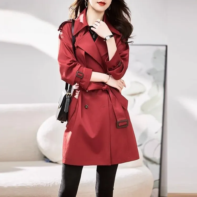 韩风chic风衣外套女春秋中长款红色修身气质双排扣高级感2024新款