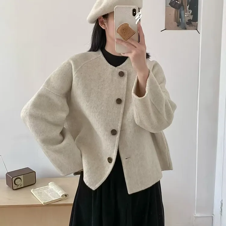 [暖冬]韩版插肩袖宽松甜美减龄慵懒风双面羊毛大衣洋气短款