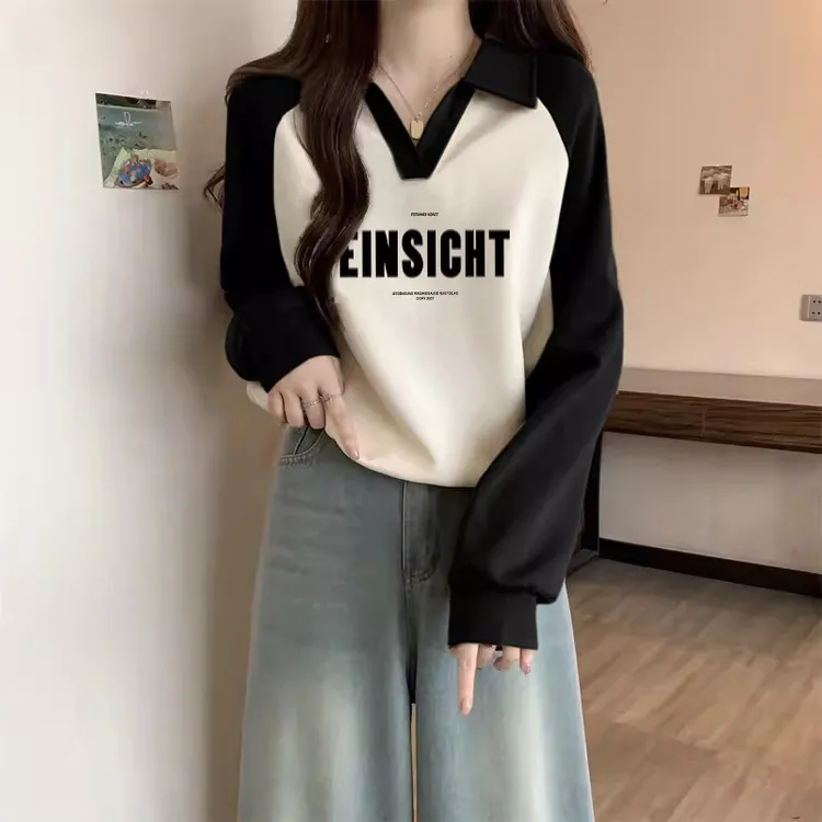 polo领短款插肩袖卫衣女2025年秋冬新款洋气减龄时尚撞色长袖上衣