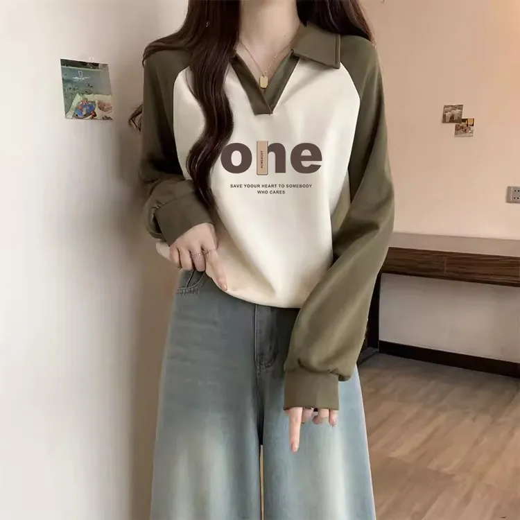 美式polo领卫衣女加绒小个子2025秋冬新款插肩袖正肩设计感上衣潮