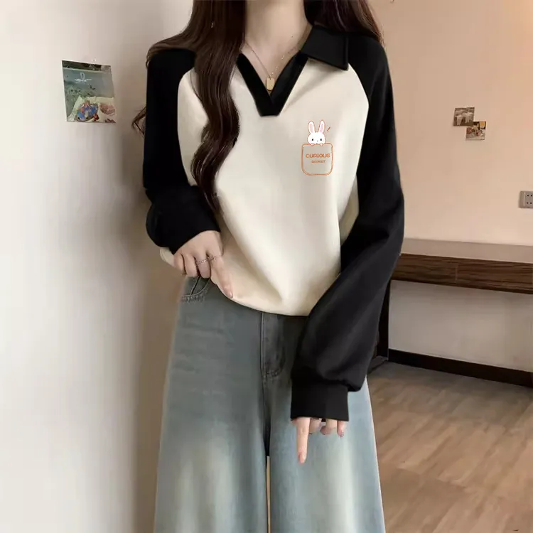 polo领短款插肩卫衣女加绒2025秋冬新款洋气减龄百搭撞色长袖上衣