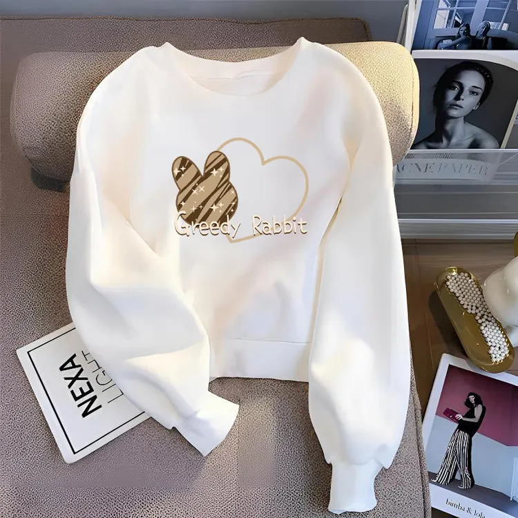 设计感小众加绒短款圆领白色卫衣女套头2025秋冬新款小个子上衣潮