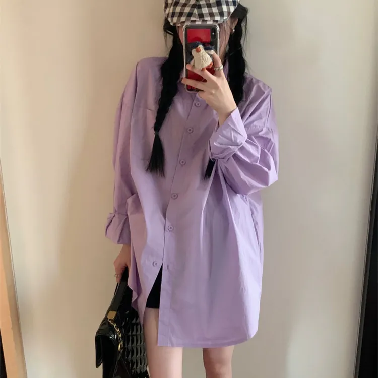 紫色衬衫女春秋季新款韩系宽松百搭中长款设计感小众休闲长袖上衣