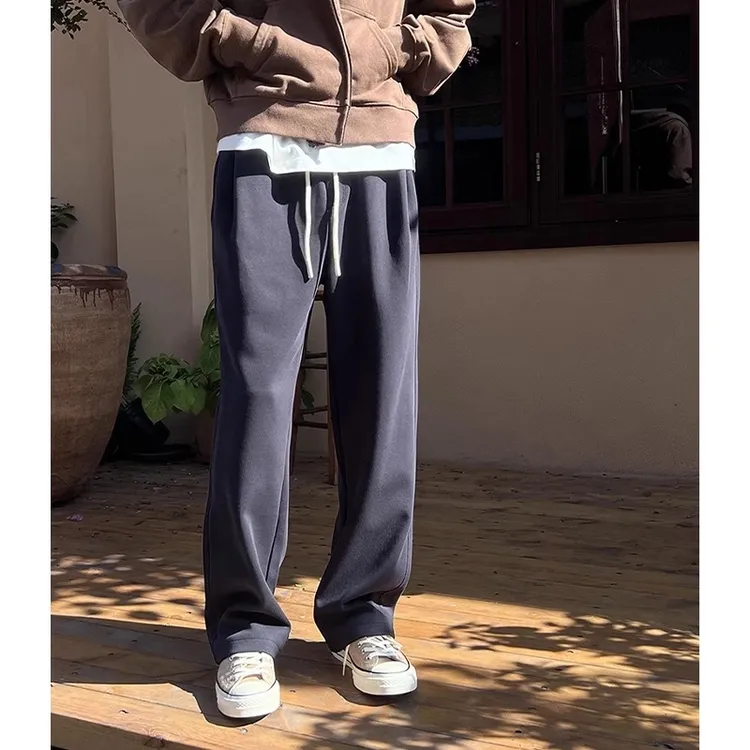 美式复古藏青色弯刀卫裤男款秋冬加绒加厚运动裤子宽松直筒阔腿裤