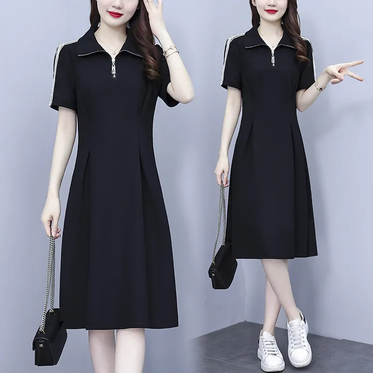 翻领拉链休闲连衣裙女2023夏季新款大码气质显瘦遮肚中长款小黑裙