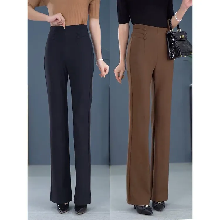 时尚双排扣微喇裤女2023春秋新款高腰垂感修身百搭显瘦休闲喇叭裤