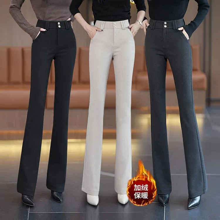 休闲弹力西装裤2023秋冬新款休闲毛呢微喇裤女显瘦加厚加绒喇叭裤
