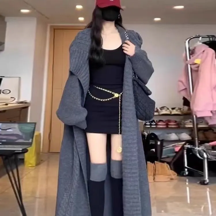 高级感法式复古翻领长款毛衣小个子针织宽松慵懒风外套秋冬厚开衫