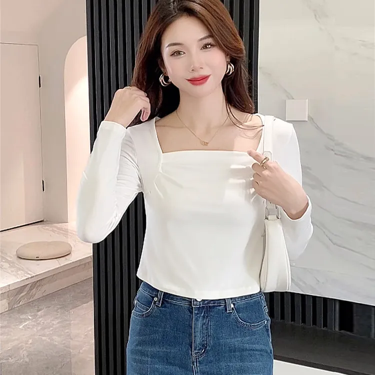 2025新款打底衫T恤女内搭长袖短款紧身修身性感方领百搭小众上衣