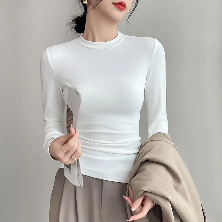螺纹针织白色打底衫女秋冬内搭长袖小高领显瘦加绒薄绒保暖上衣