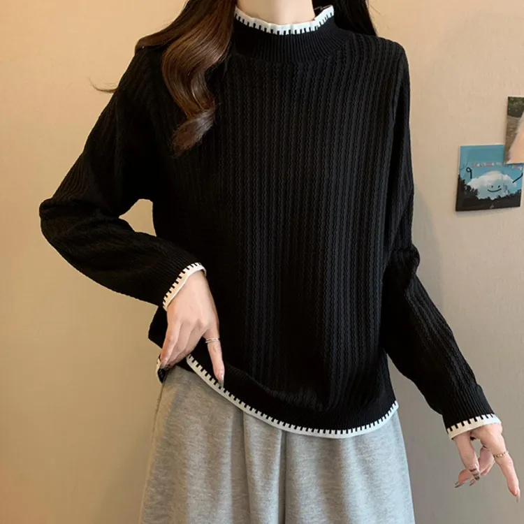 大码半高领花边针织打底衫女春秋新款胖MM宽松显瘦百搭长袖毛上衣