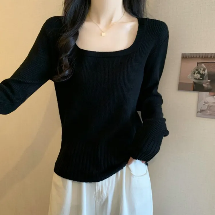 大码U领长袖针织打底衫女春秋薄款胖妹妹修身显瘦百搭洋气毛上衣