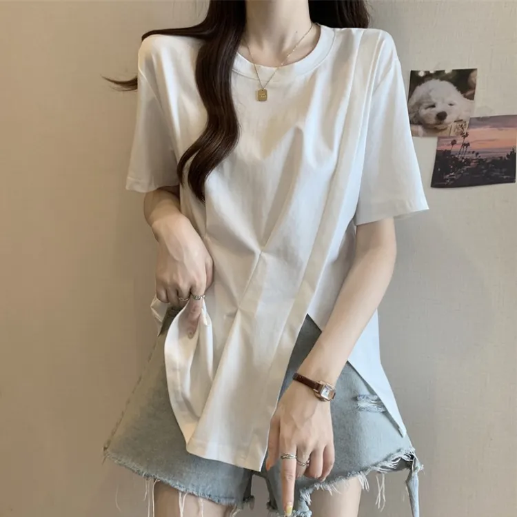 大码不规则褶皱短袖T恤女夏季新款胖MM宽松显瘦百搭洋气开叉上衣