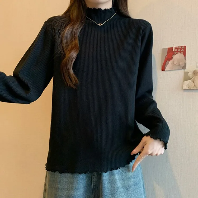 大码木耳边半高领针织打底衫女秋冬内搭微胖宽松显瘦百搭长袖上衣