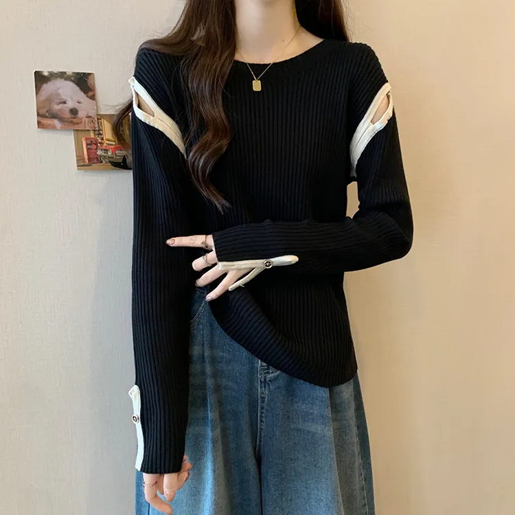 大码遮肚子镂空长袖针织打底衫女春秋新款胖妹妹宽松显瘦百搭上衣