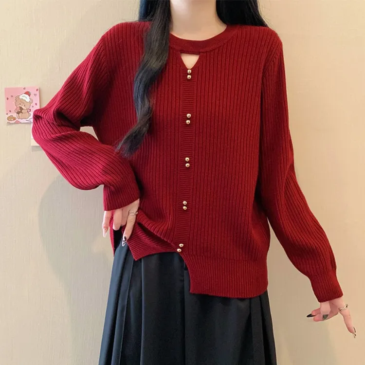 大码设计感镂空红色毛衣女春秋新款微胖MM宽松显瘦百搭洋气针织衫