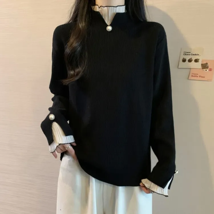 大码假两件半高领加厚毛衣女秋冬胖MM宽松显瘦百搭洋气打底针织衫