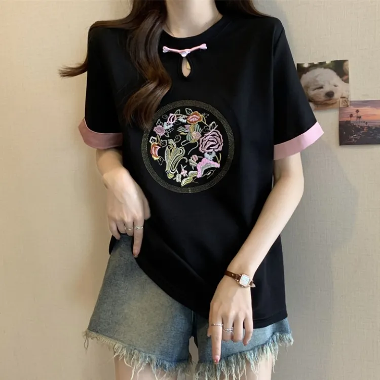大码新中式国风盘扣刺绣短袖t恤女夏季胖mm宽松显瘦百搭小众上衣