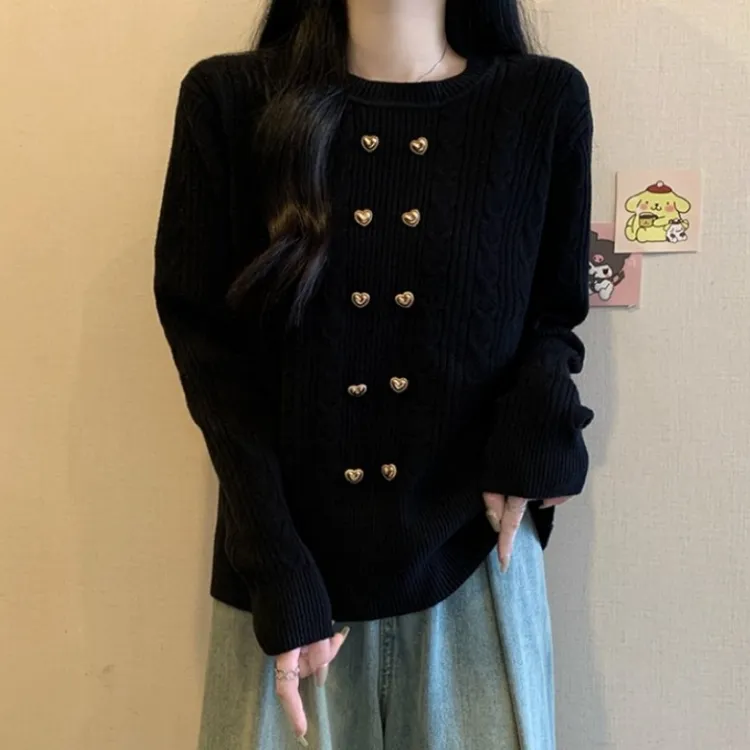 大码慵懒风双排扣宽松毛衣女秋冬胖MM宽松显瘦百搭洋气针织打底衫
