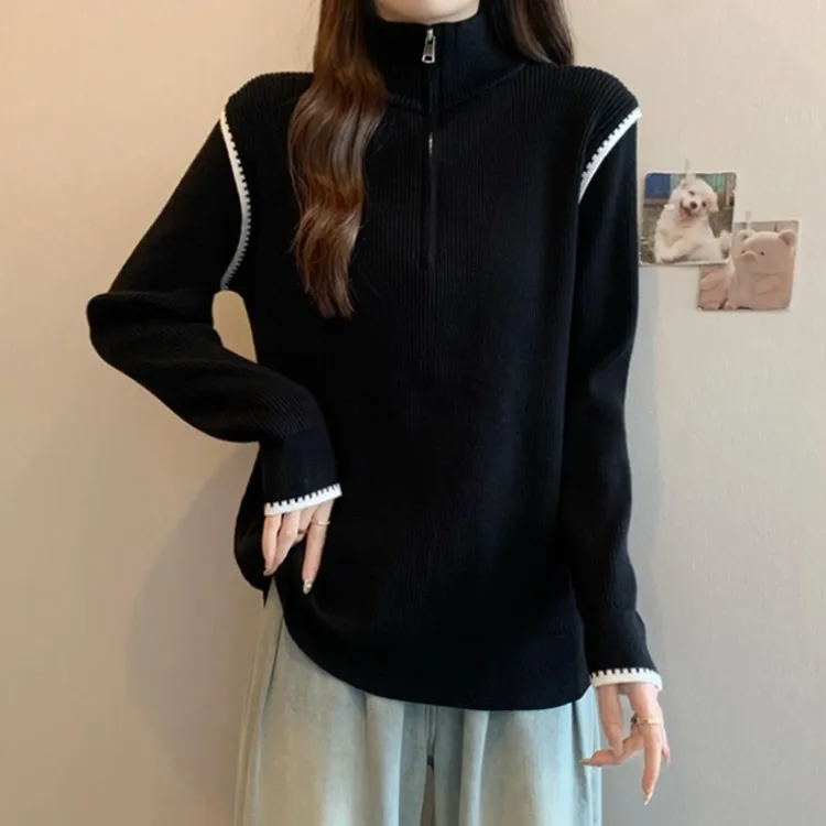 大码拉链半高领加厚毛衣女秋冬微胖MM宽松显瘦百搭洋气针织打底衫