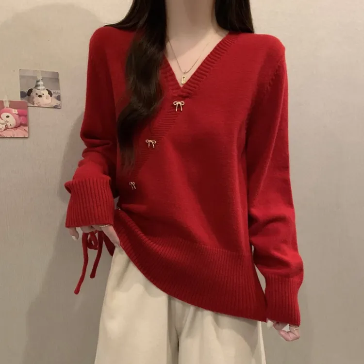 大码红色抽绳V领毛衣女春秋新款胖MM宽松显瘦百搭洋气针织衫上衣
