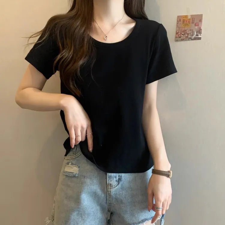 大码遮肚子圆领正肩短袖t恤女夏季微胖M修身显瘦百搭洋气纯棉上衣