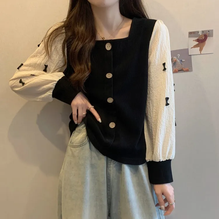 大码法式方领长袖衬衫女春秋胖MM宽松显瘦百搭小众假两件拼接上衣