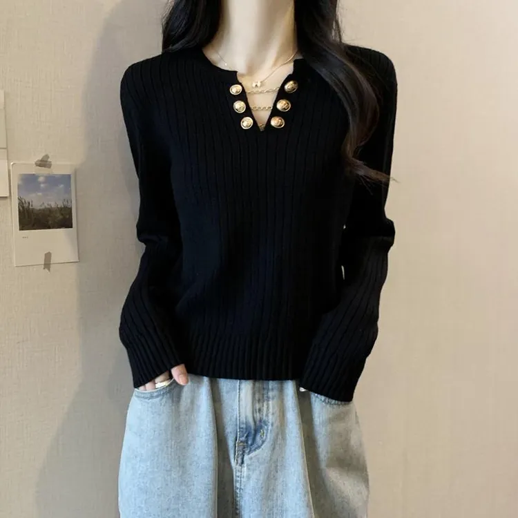 大码链条V领长袖针织衫女秋冬胖妹妹遮肚子显瘦百搭洋气打底毛衣