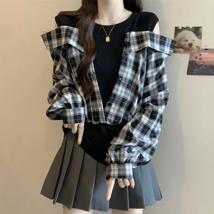大码假两件拼接格子长袖衬衫女春秋胖MM宽松显瘦百搭洋气露肩上衣