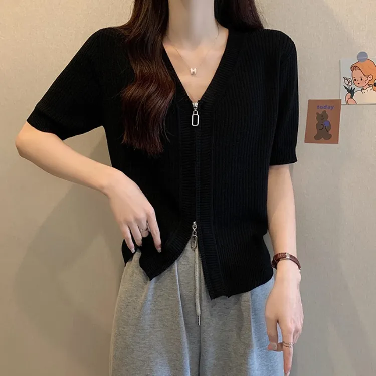 大码双拉链V领针织衫短袖T恤女夏季薄款胖MM宽松显瘦百搭冰丝上衣