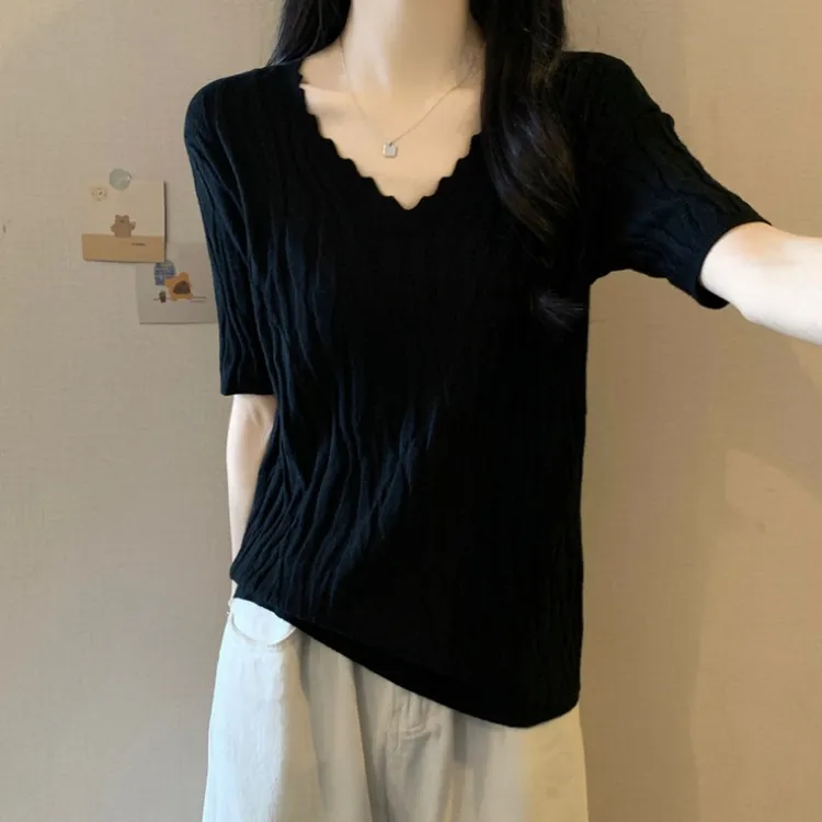 大码V领冰丝短袖针织衫女夏季薄款微胖MM宽松显瘦百搭正肩T恤上衣