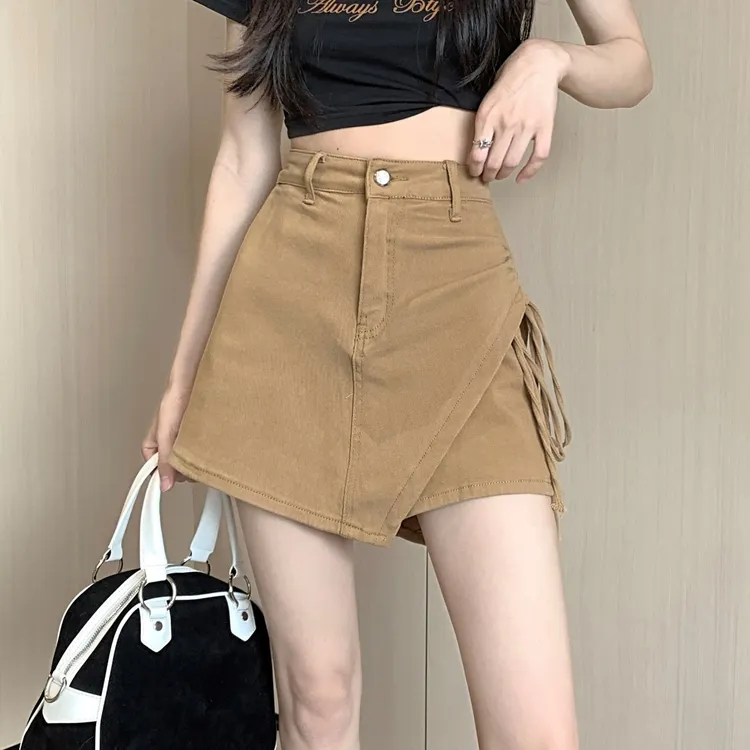不规则抽绳高腰半身裙女秋季2023新款设计感复古显瘦短裤裙