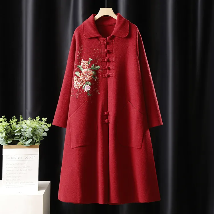 中国风绣花中老年妈妈装洋气大衣外套刺绣盘扣加厚针织大衣
