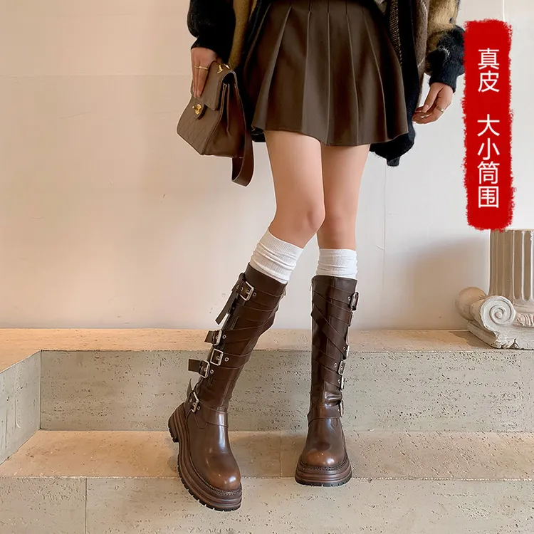 辣妹风皮带扣粗跟骑士靴2种筒围百搭不过膝靴时尚粗腿显瘦长筒靴