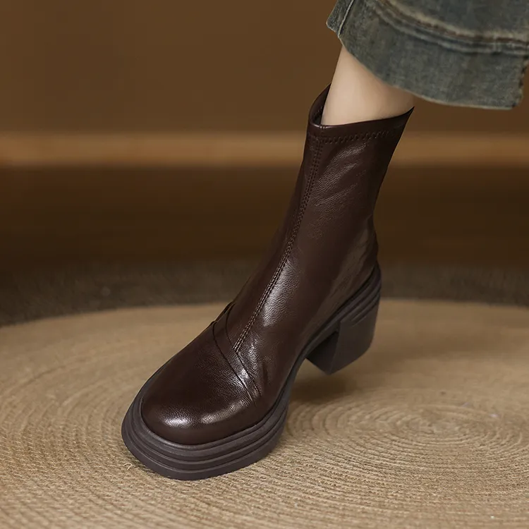 英伦风复古羊皮高跟粗跟短靴女弹力瘦瘦靴秋冬新款圆头厚底马丁靴