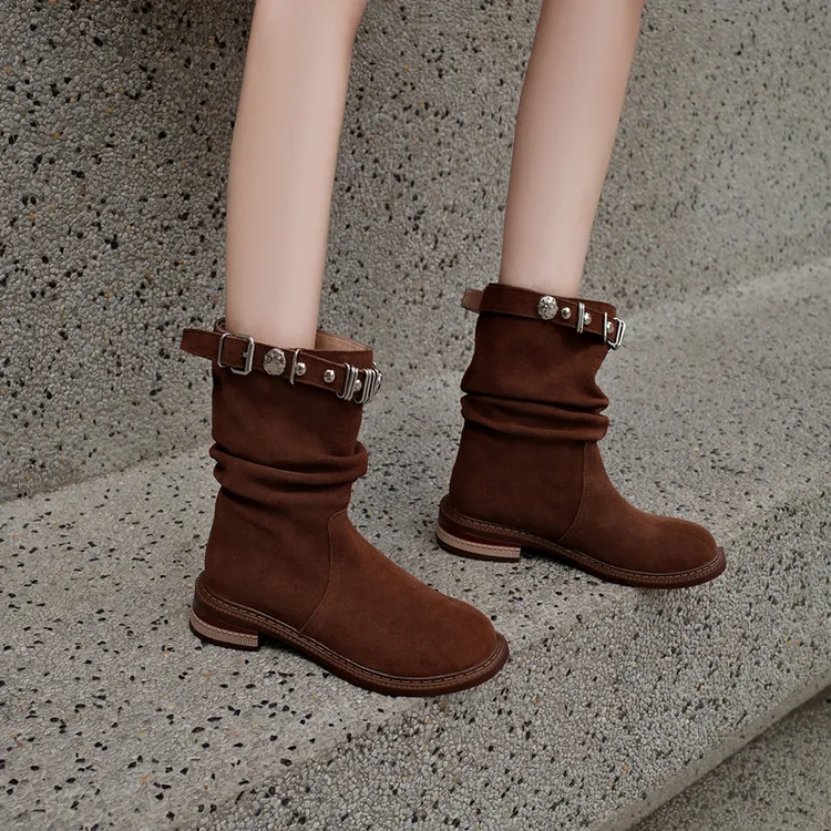 牛反绒女西部牛仔靴子女2025新款秋冬季短靴舒适堆堆靴中粗跟铆钉