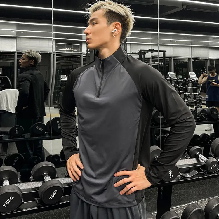 bkcxzice破冰半拉链速干冰感运动拼接t恤长袖户外宽松训练健身衣