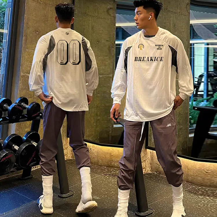 破冰美式投篮服长袖男秋冬拼接运动热身跑步速干健身衣篮球训练服