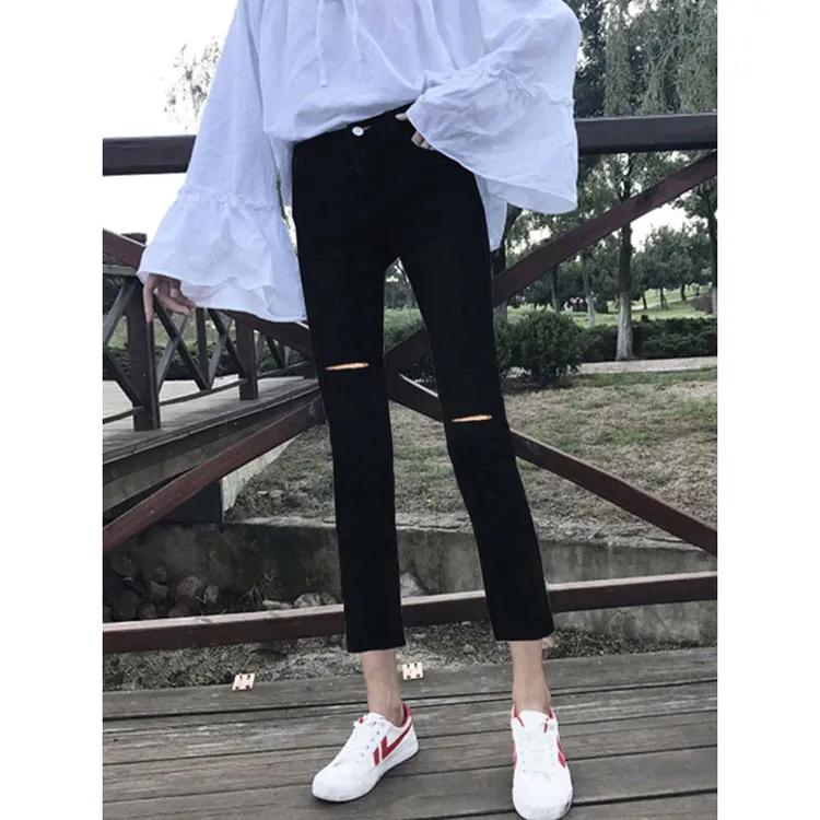 弹力显瘦烟管裤八分小个子破洞小黑裤春夏薄款九分直筒外穿打底裤