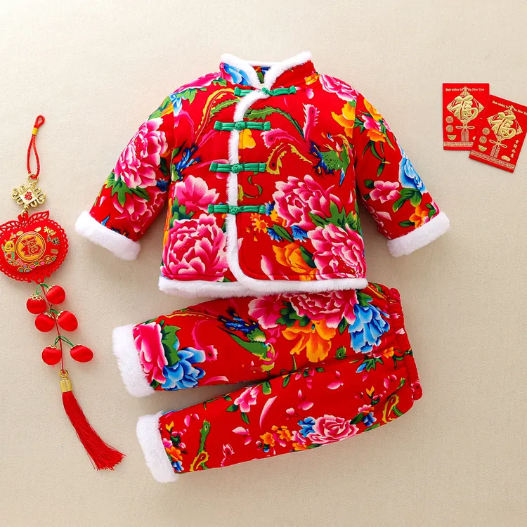儿童东北大花棉袄冬季女宝宝加绒加棉套装中国风加厚拜年服冬装