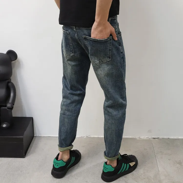 美式潮牌牛仔裤男修身小脚裤2025秋款爆款韩版痞帅水洗蓝色九分裤