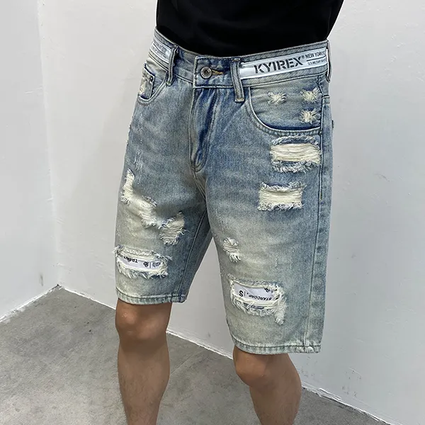 牛仔短裤男2025水洗韩版修身做旧潮流五分裤浅蓝色痞帅时尚乞丐裤