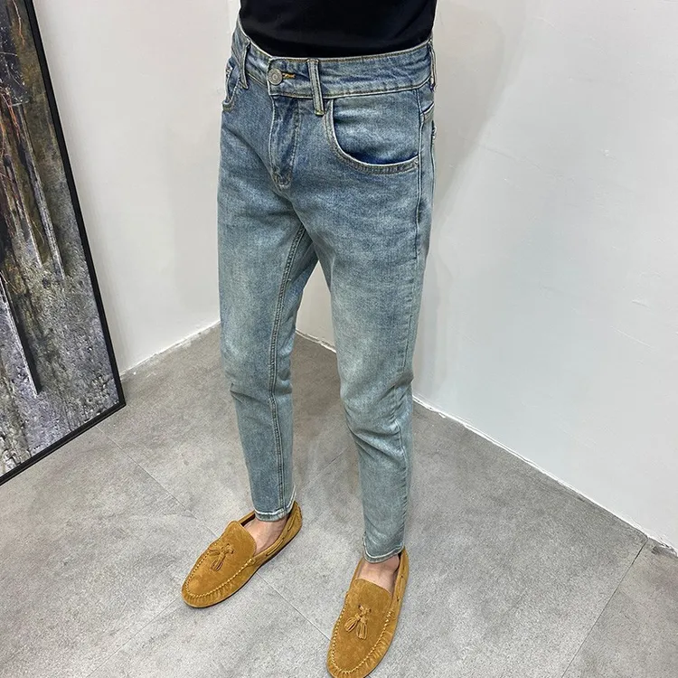 蓝色个性潮流痞帅修身小脚裤男牛仔裤春夏韩版潮牌时尚爆款九分裤