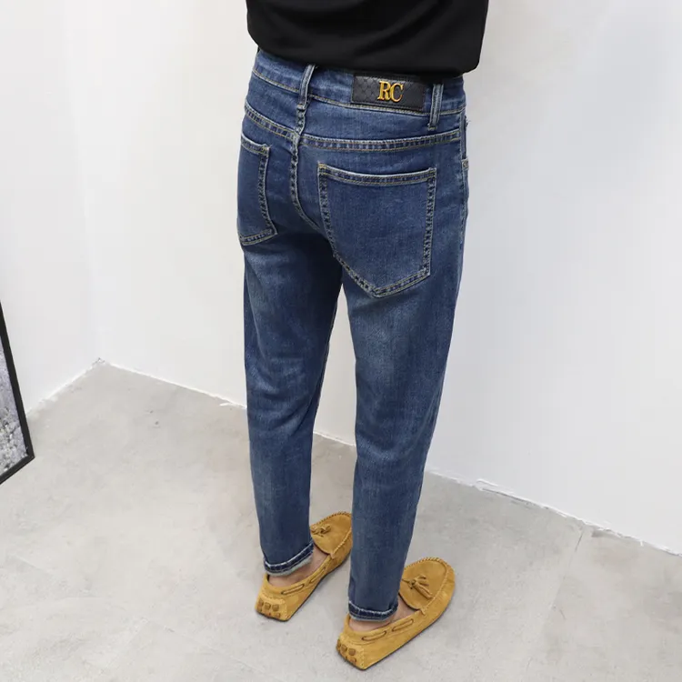 深蓝色牛仔裤修身小脚男士九分裤春夏薄款2025韩版时尚网红牛仔裤